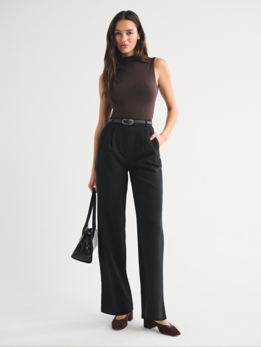 Abercrombie & Fitch Wide Leg Trousers in Black with Brown Top